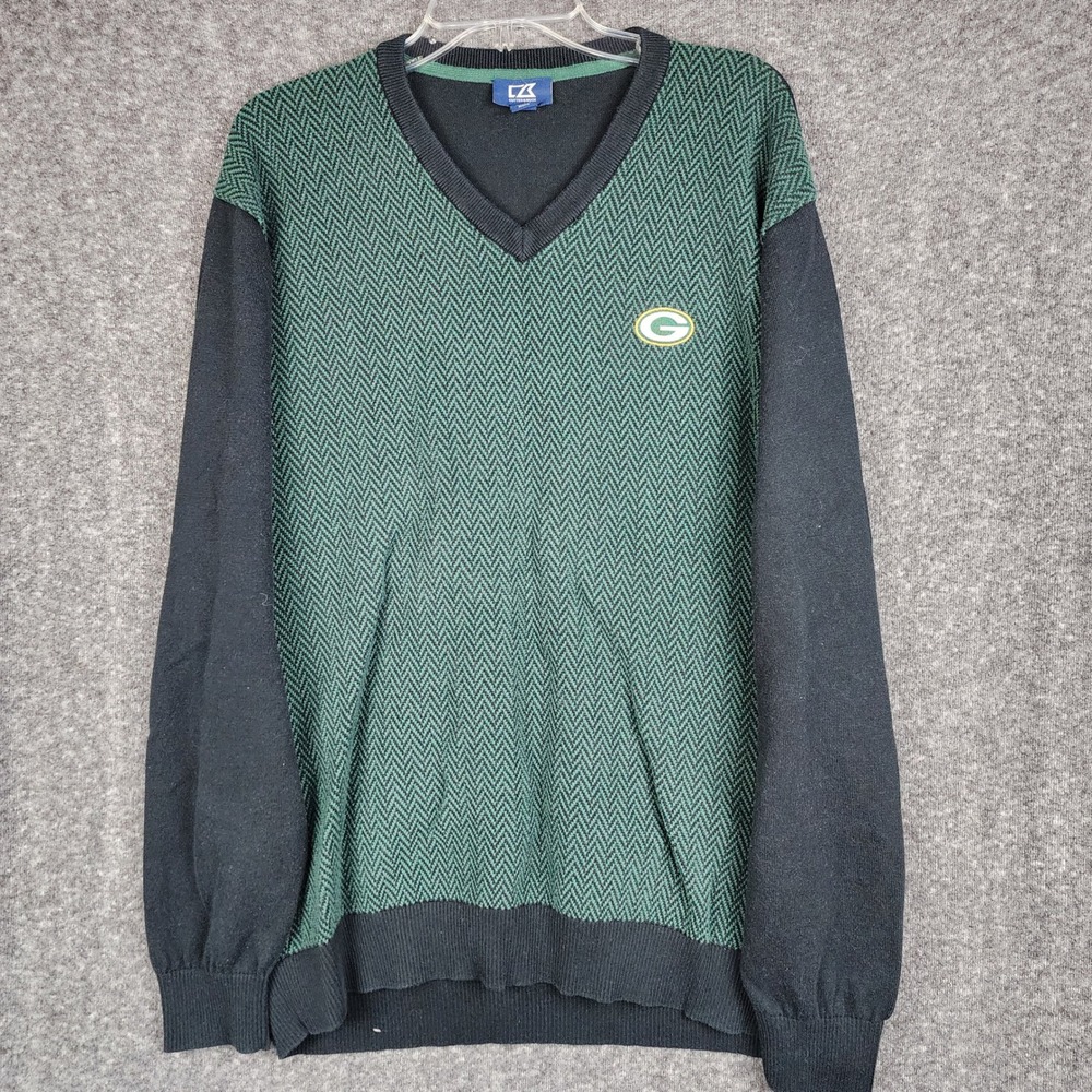 Cutter & Buck Green Bay Packers Sweater Men 2XL Green Herringbone V-Neck SZ2032